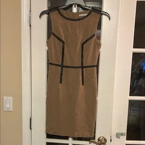 Trina Turk Size Small Elegant Tan Dress with Black Faux Leather Accents